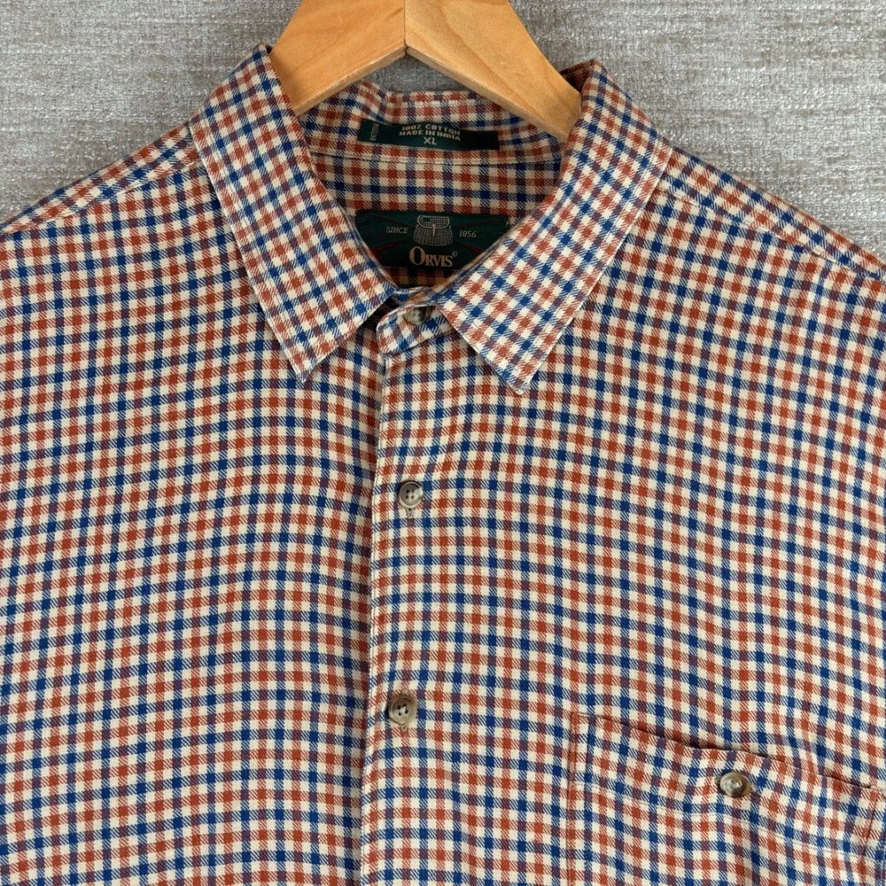 Vintage 90s Orvis Gingham Check Shirt Men XL Orange Blue Cotton Outdoorsy Rugged